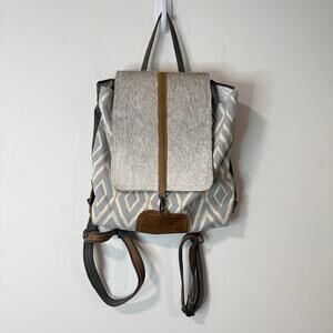 Myra Bag Recycled Calf Hair Backpack Cotton Leather Gray Brown‎